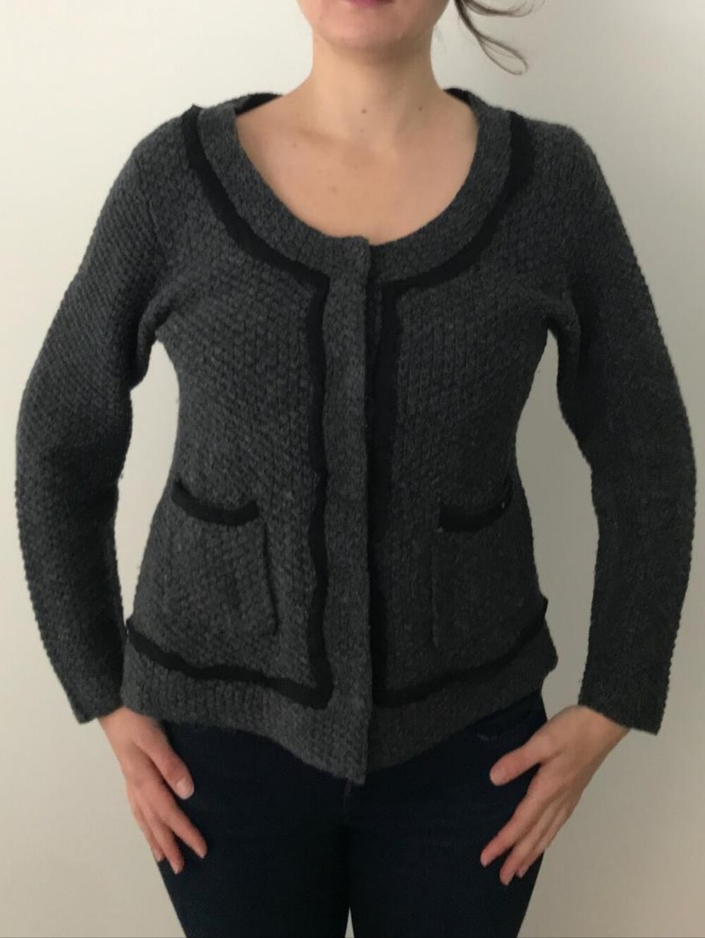 Banana Republic 100% Merino Wool Charcoal Gray Knit Cardigan with Black Trim
